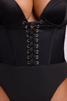 Satin Plunge Neck Lace Up Corset Bodysuit in Black