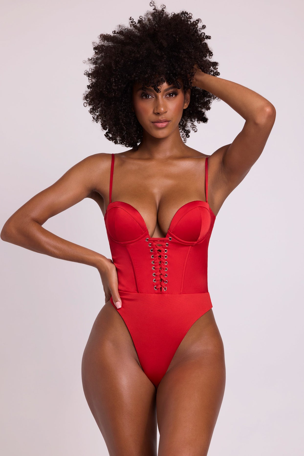 Satin Plunge Neck Lace Up Corset Bodysuit in Fire Red
