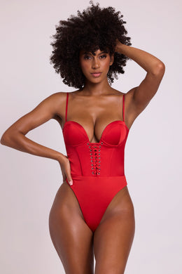 Satin Plunge Neck Lace Up Corset Bodysuit in Fire Red