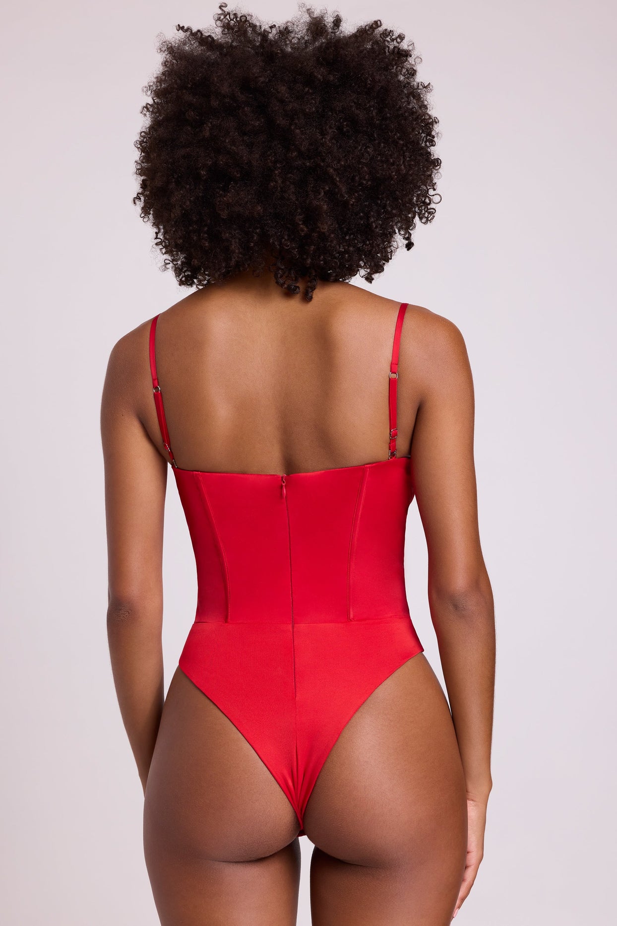 Satin Plunge Neck Lace Up Corset Bodysuit in Fire Red