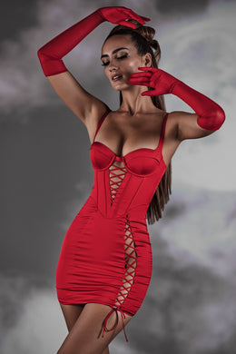 Lace Up Corset Satin Mini Dress in Red