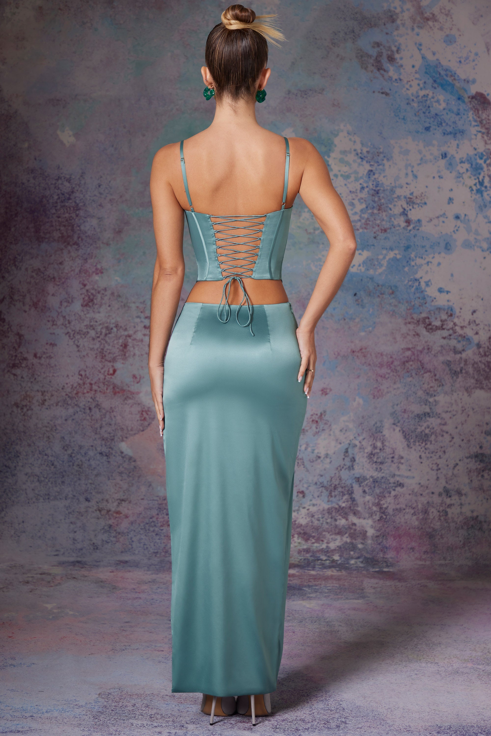 Dawson Side Split Satin Maxi Skirt in Light Teal Oh Polly