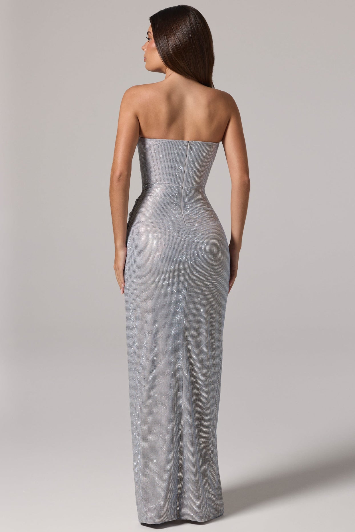 Embellished Bandeau Cowl Neck Maxi Dress in Silver