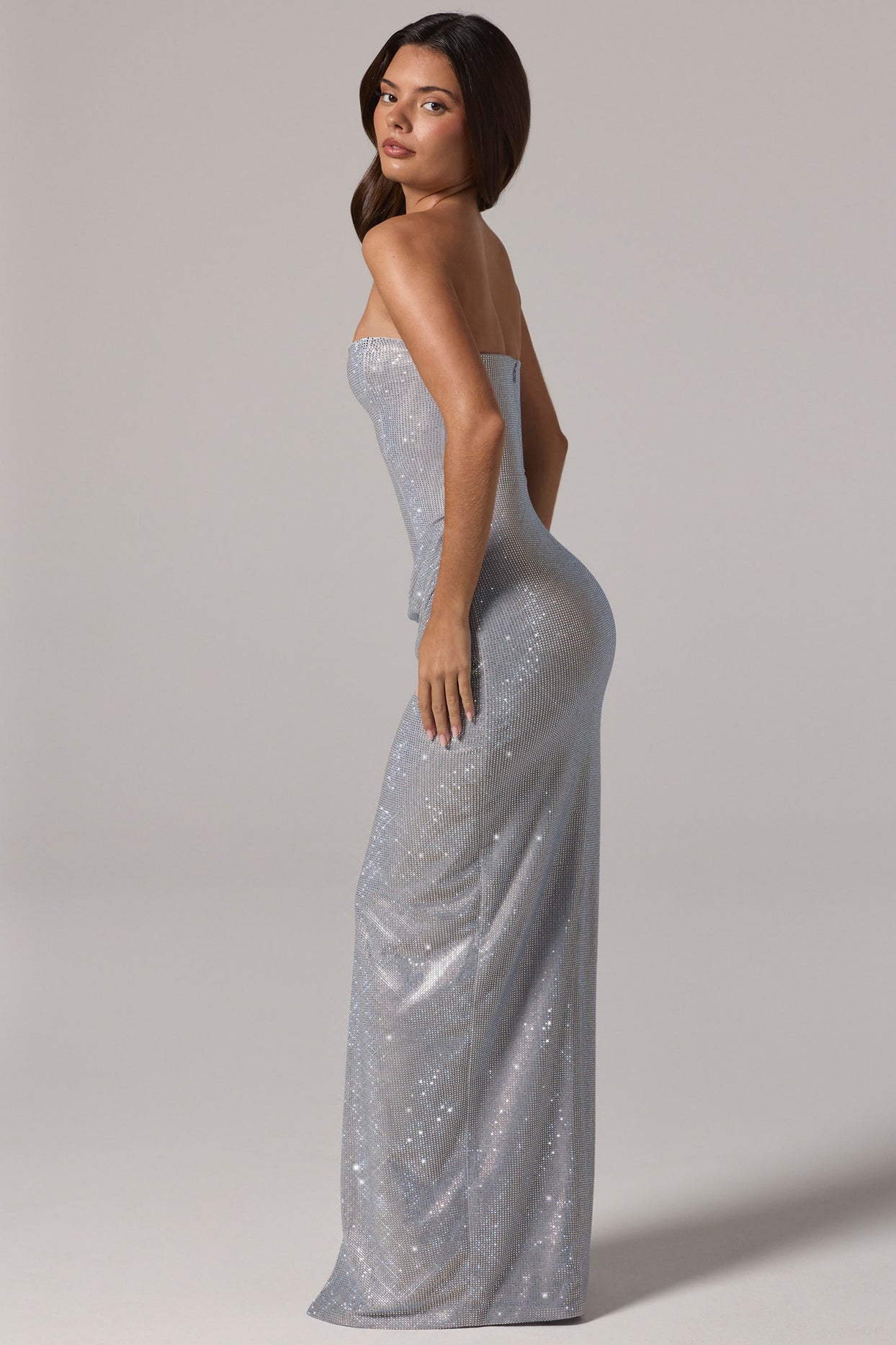 Embellished Bandeau Cowl Neck Maxi Dress in Silver