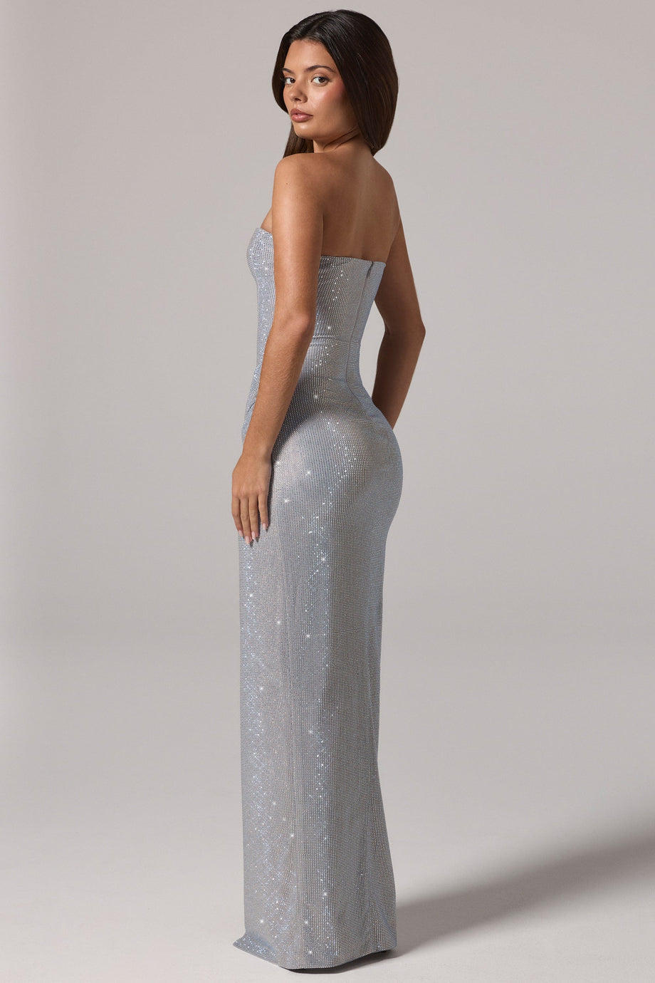 Embellished Bandeau Cowl Neck Maxi Dress in Silver