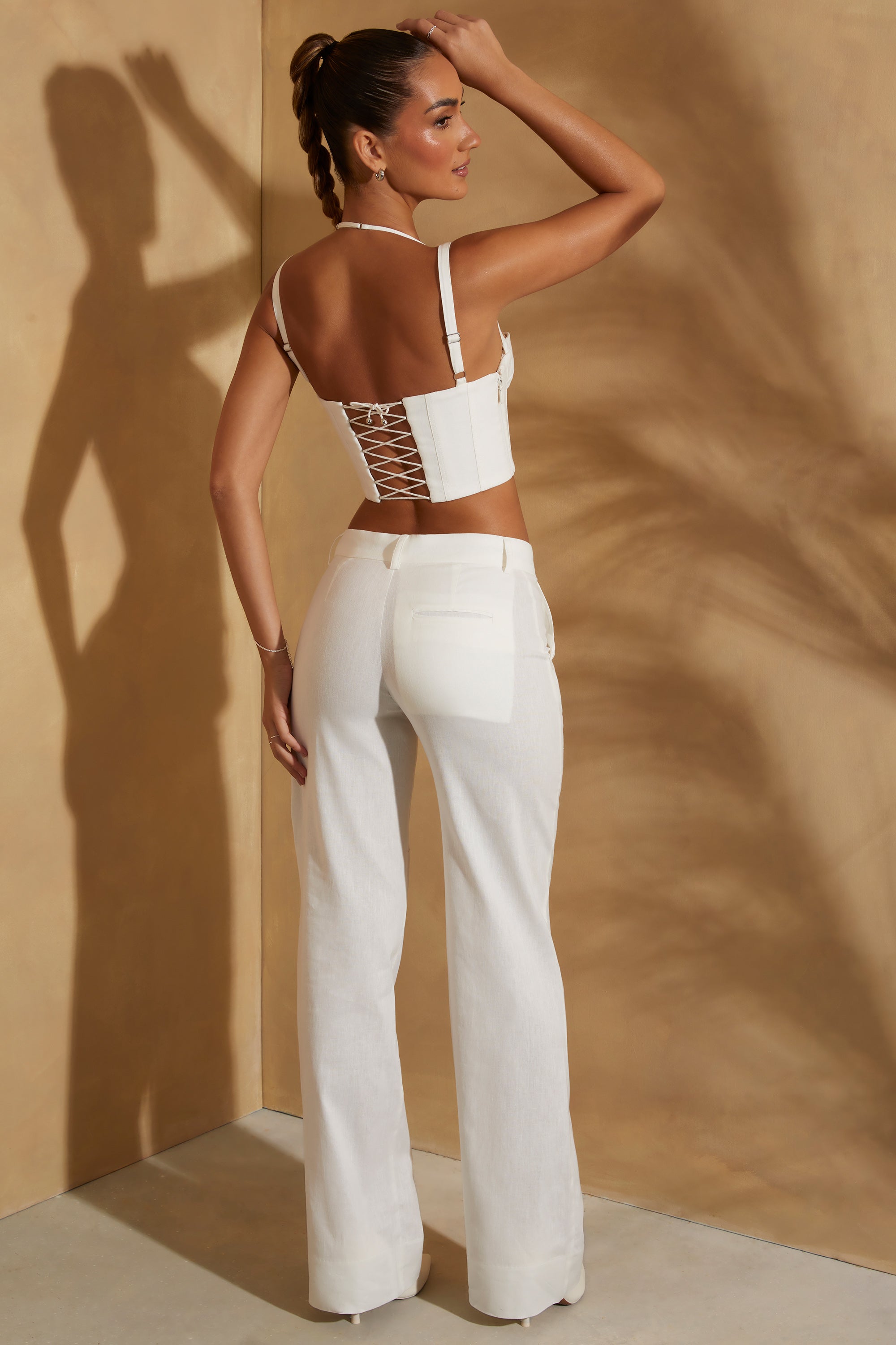 High Waist Straight Leg Linen Trousers in White