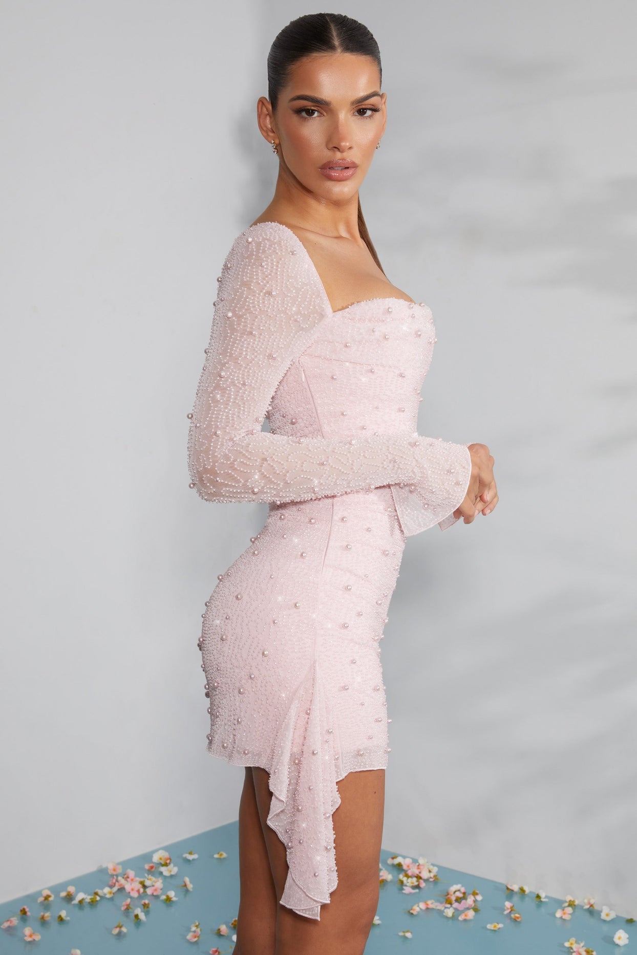 Long Sleeve Embellished Cowl Neck Mini Dress in Blush - 3