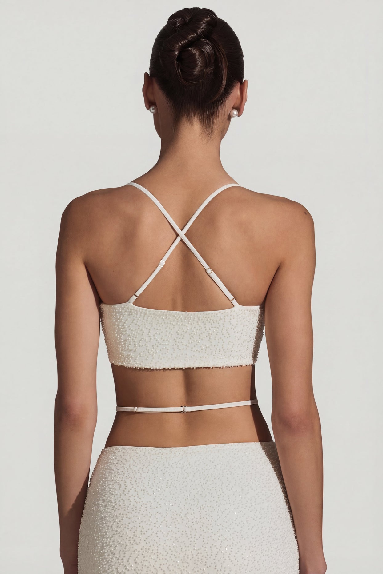 Embellished Cross Back Crop Top in White - 8