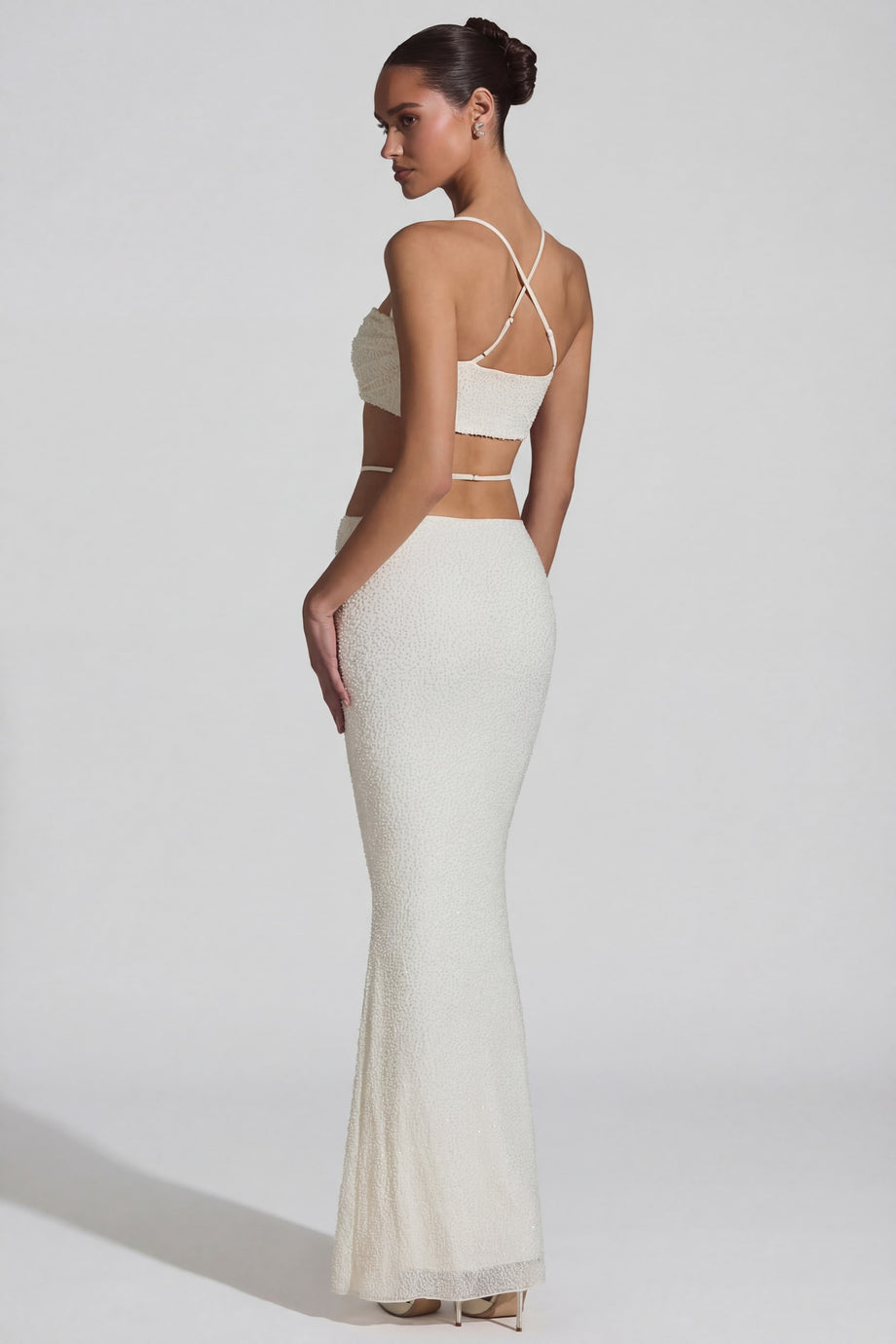 Oh Polly's Arbenita wearing the Pisa Crop Top in Ivory Embellished fabric perfect for summer parties
