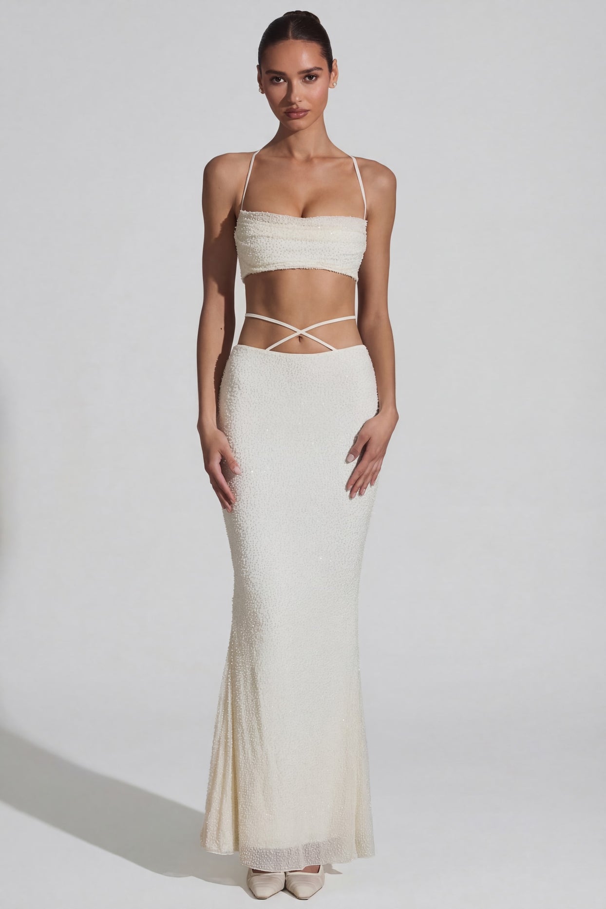 Embellished Cross Back Crop Top in White - 4