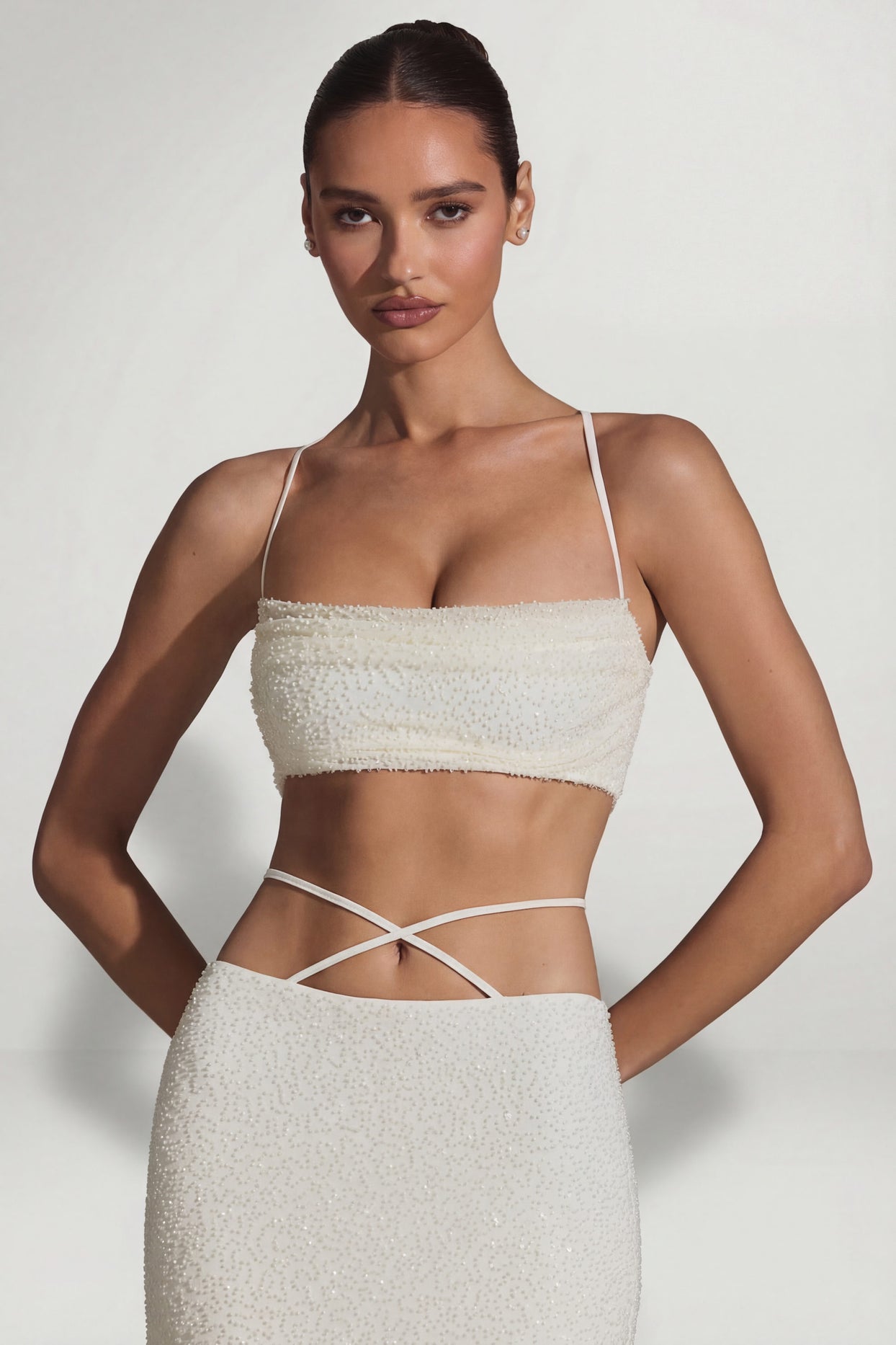 Embellished Cross Back Crop Top in White - 7