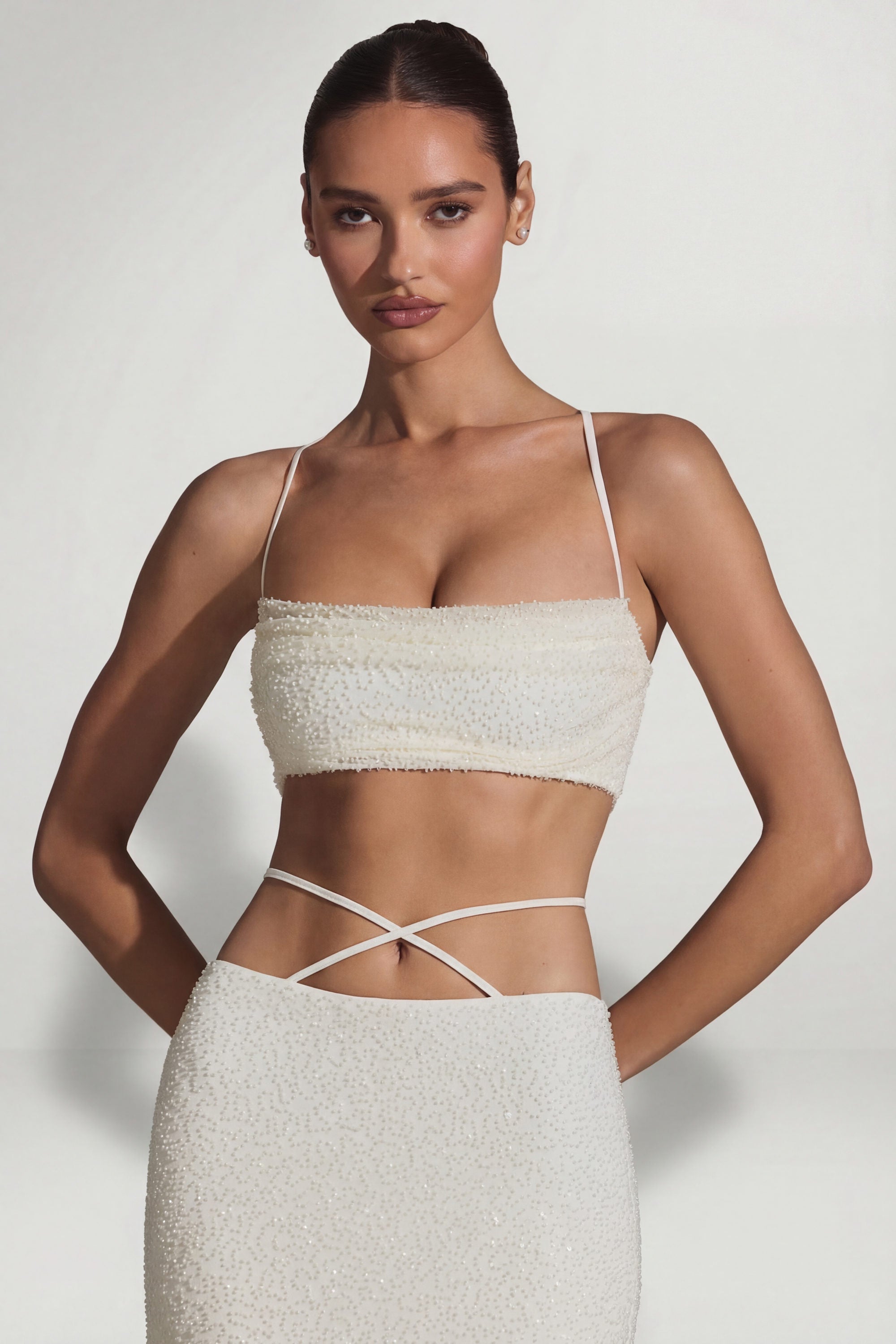 Embellished Cross Back Crop Top in White