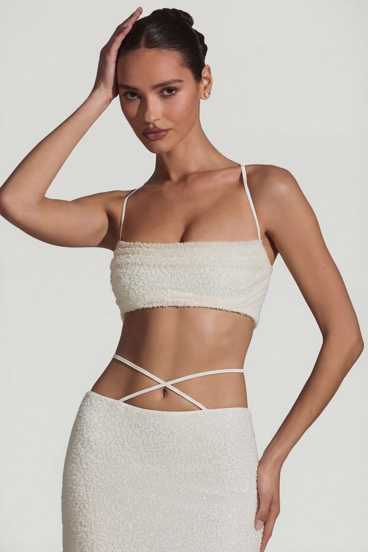 Embellished Cross Back Crop Top in White - 10