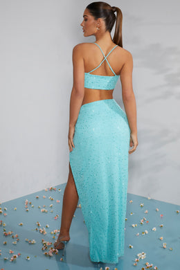 Embellished Knot Front Maxi Skirt in Aqua