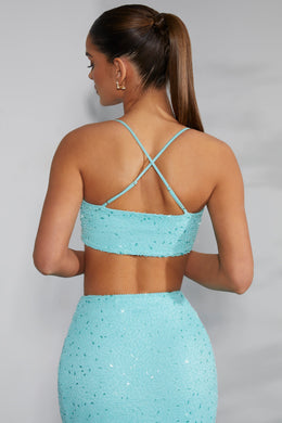 Embellished Cross Back Crop Top in Aqua