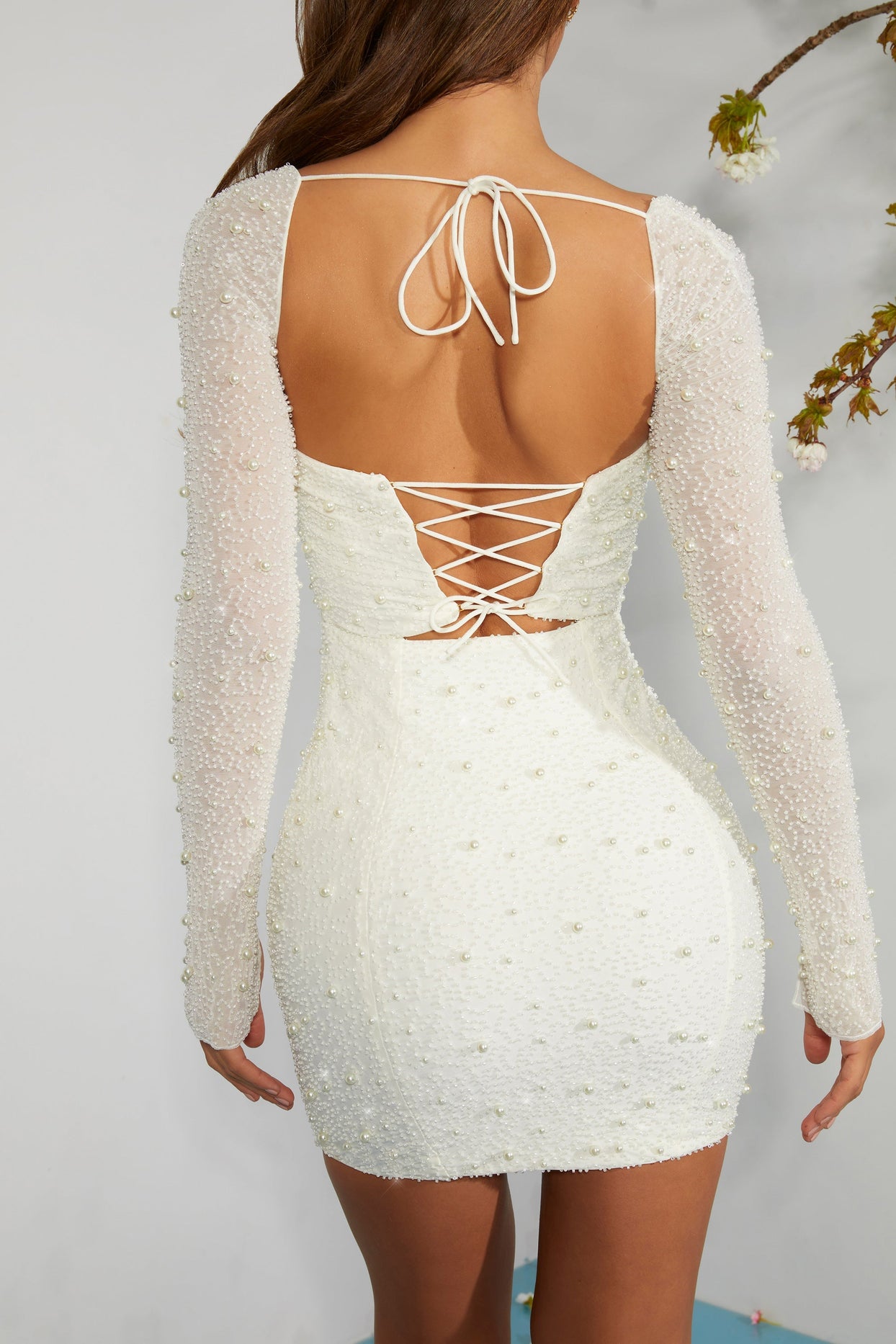 embellished corset open back long sleeve mini dress Milan Long Sleeve Embellished Corset Mini Dress in Ivory