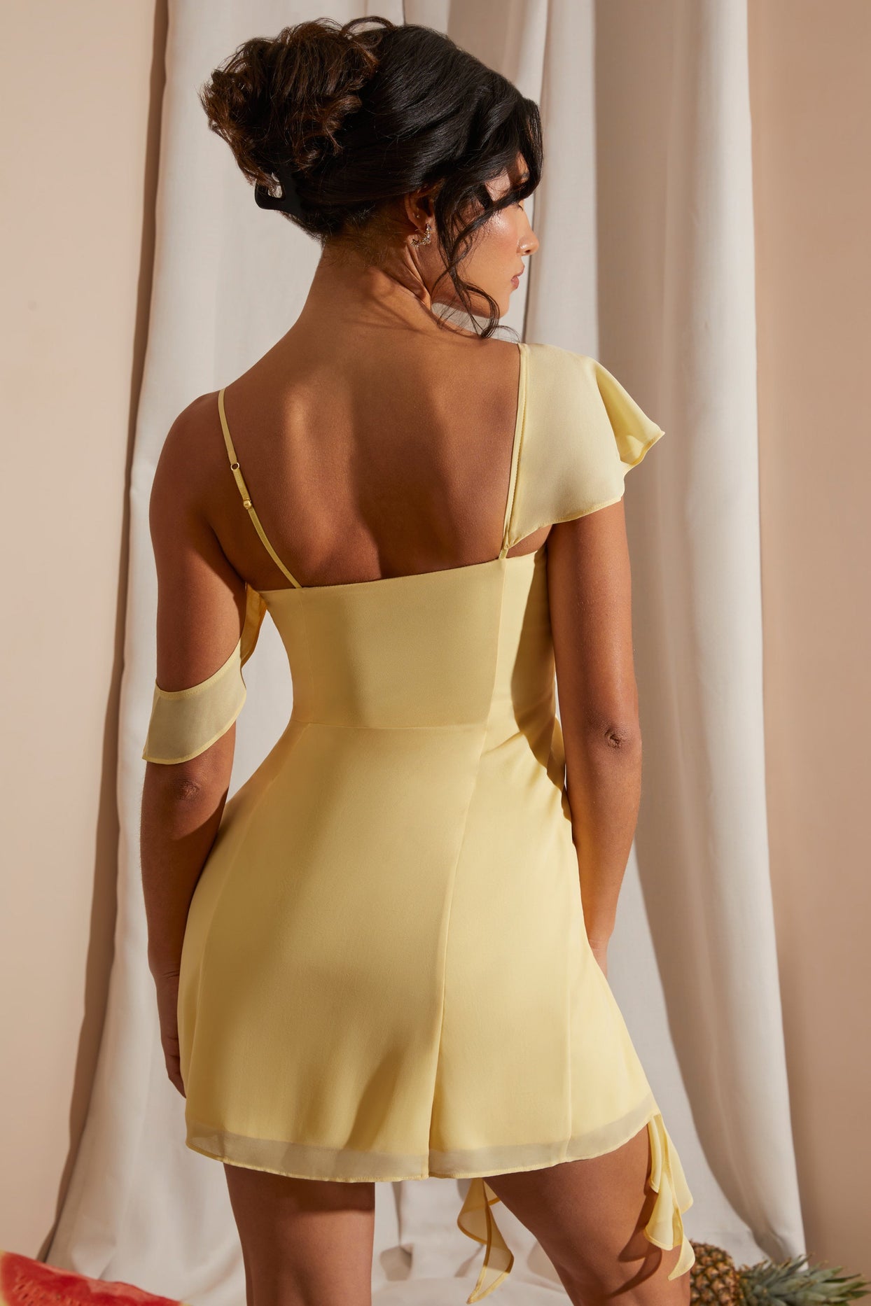 Josiane Asymmetric Draped Mini Dress in Yellow