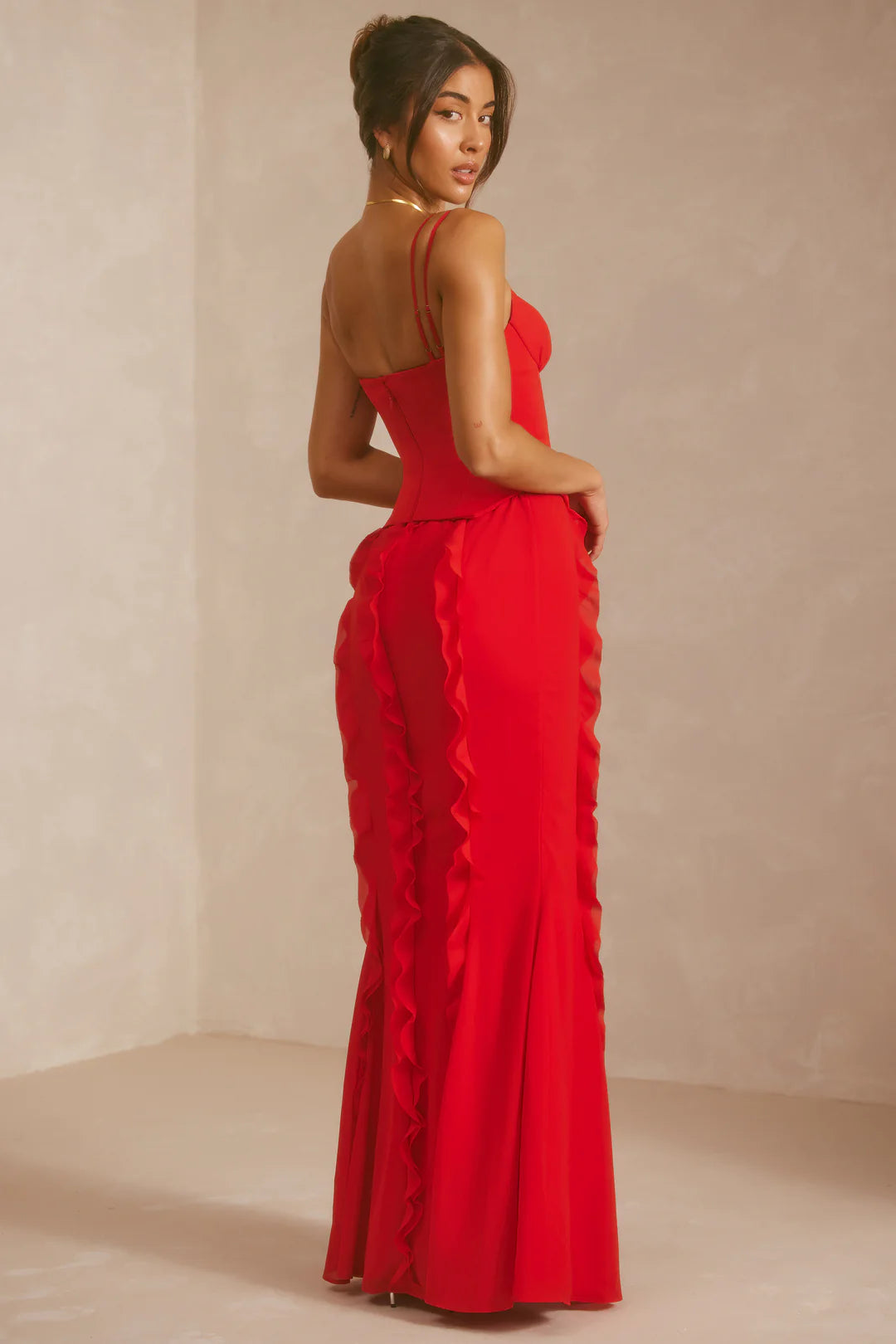 Corset Frill Skirt Maxi Dress in Scarlet Red