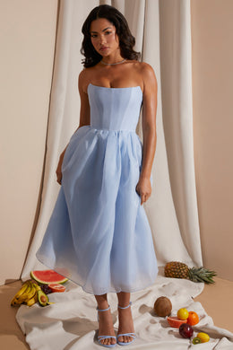 Strapless Corset Tulle Midi Dress in Blue