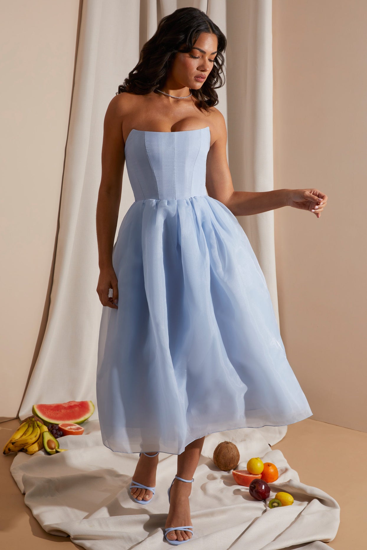 Strapless Corset Tulle Midi Dress in Blue