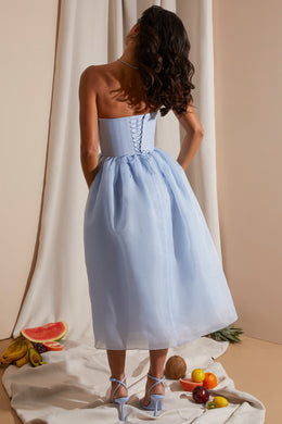 Strapless Corset Tulle Midi Dress in Blue