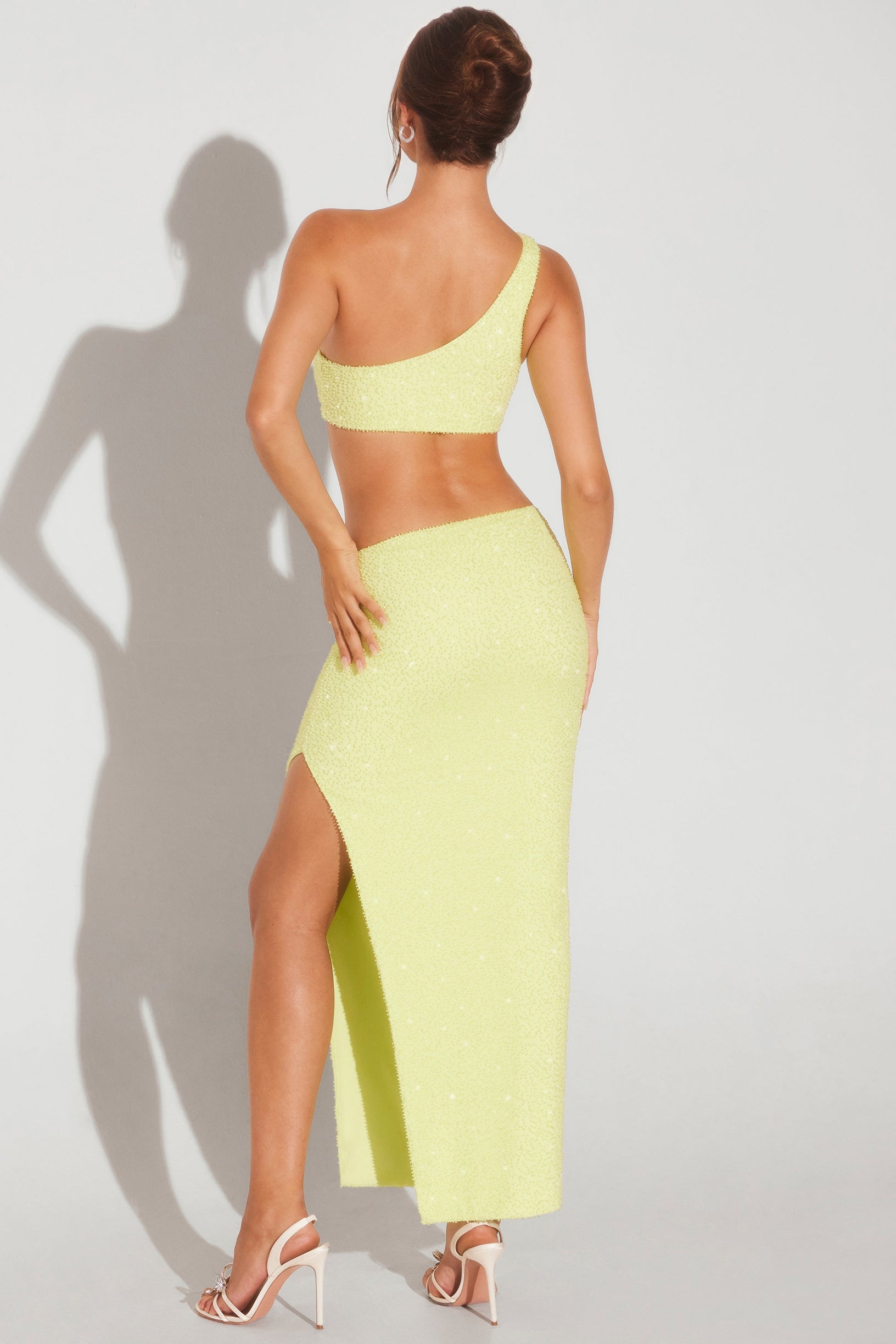 Embellished Side Split Maxi Skirt in Lime Green - 2
