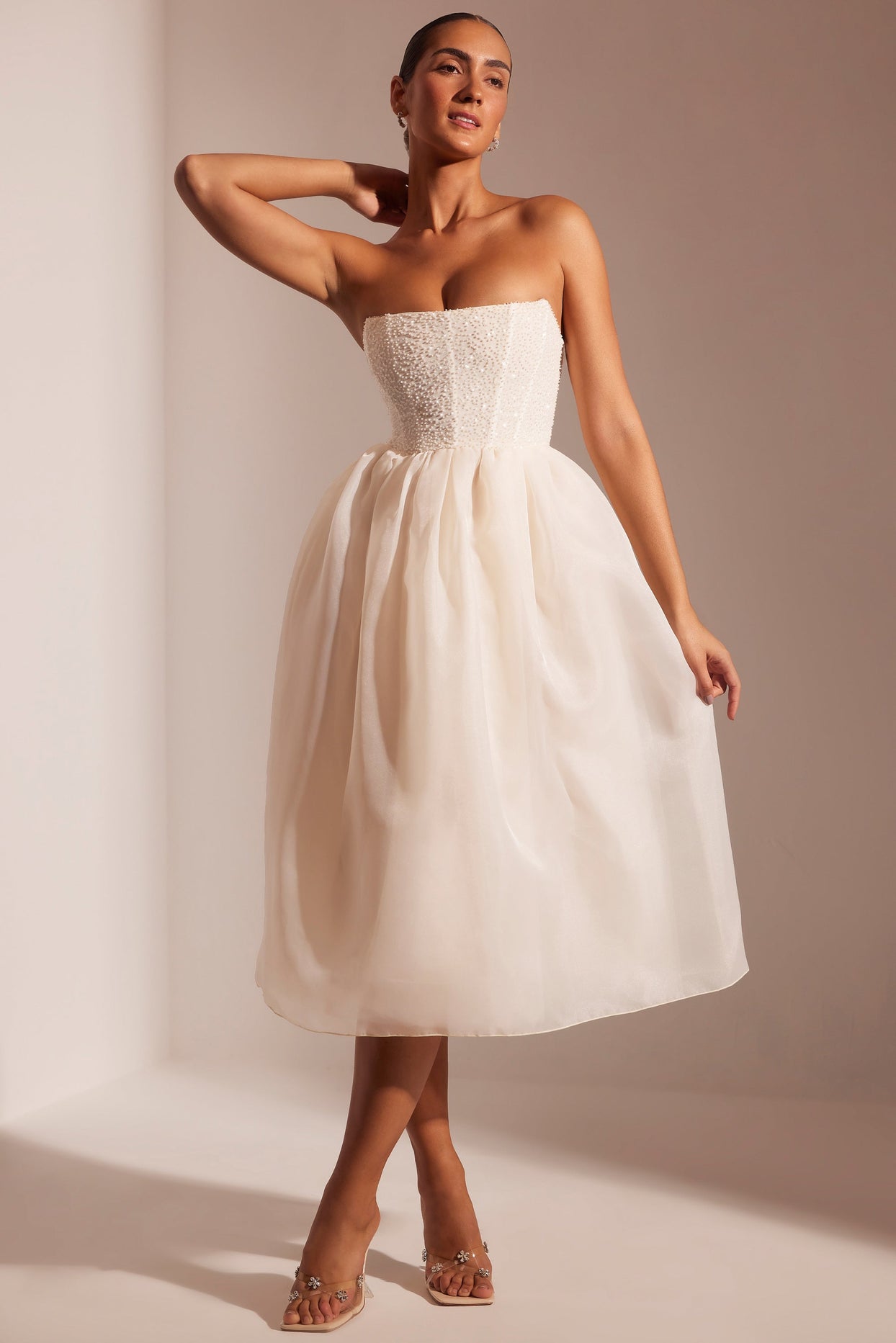 Wedding Dress Cream Tulle Midi Dress Embellished Corset Tulle