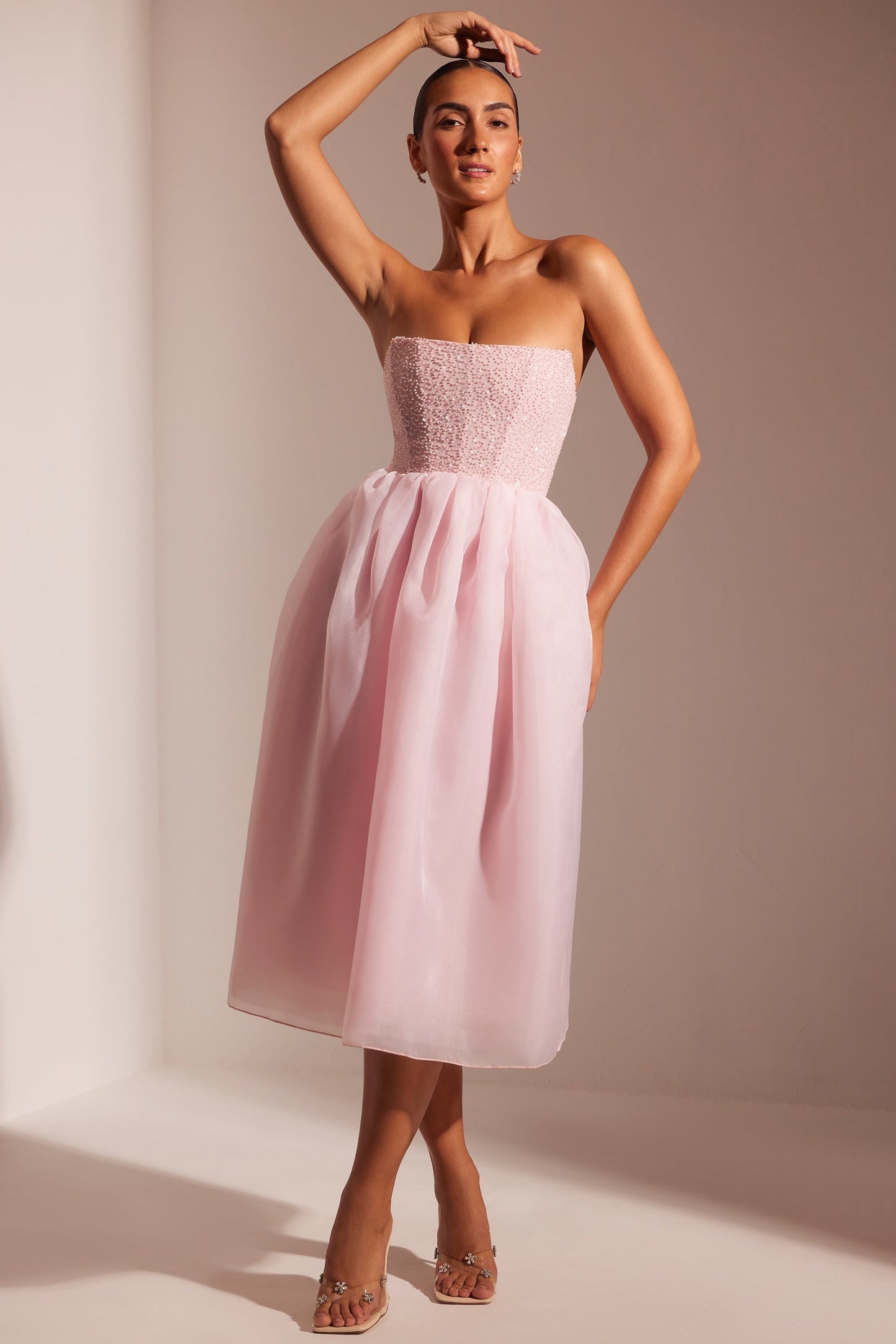Rosette Embellished Corset Tulle Skirt Midi Dress in Blush Rosette Embellished Corset Tulle Skirt Midi Dress in Blush