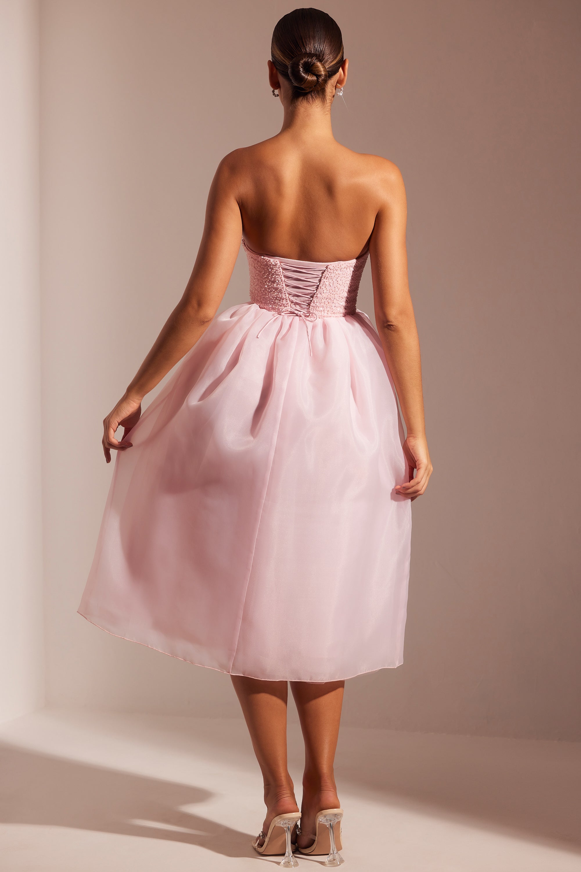 Rosette Embellished Corset Tulle Skirt Midi Dress in Blush | Oh Polly