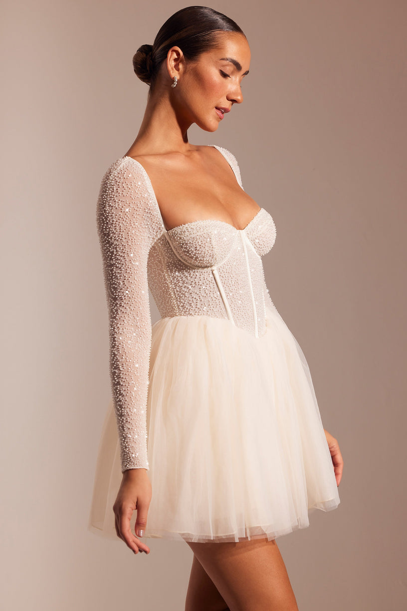 Embellished Long Sleeve Tulle Skirt Mini Dress in Ivory - 2
