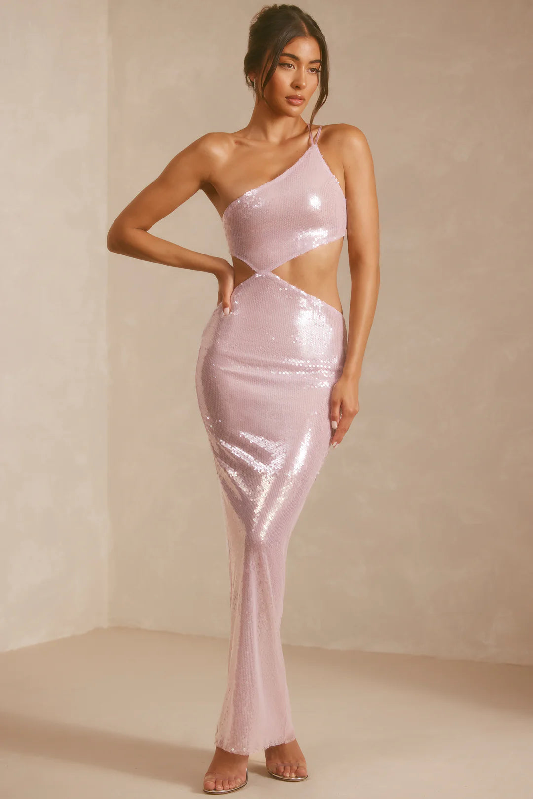 Sheer Sequin One Shoulder Cut Out Maxi Dress in Lilac