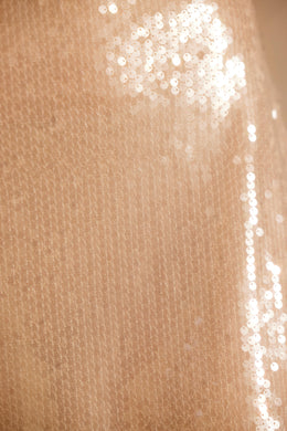 Sheer Sequin Long Sleeve Tie Front Crop Top in Tan