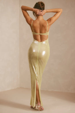 Sheer Sequin V-Neck Cut Out Back Evening Gown in Pistachio