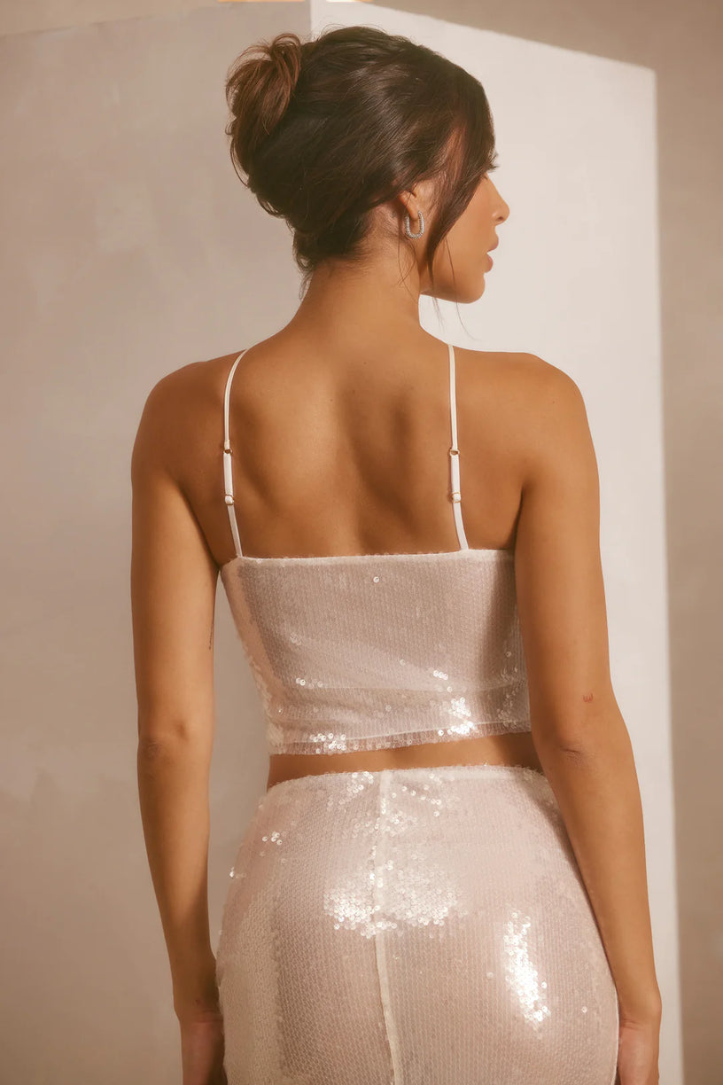 Sheer Sequin Keyhole Cut Out Halter Neck Crop Top in White - 2