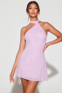 Embellished Asymmetric Neck A-Line Mini Dress in Lilac