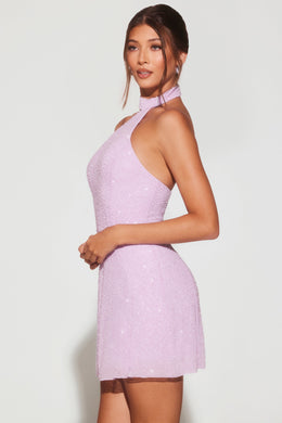 Embellished Asymmetric Neck A-Line Mini Dress in Lilac