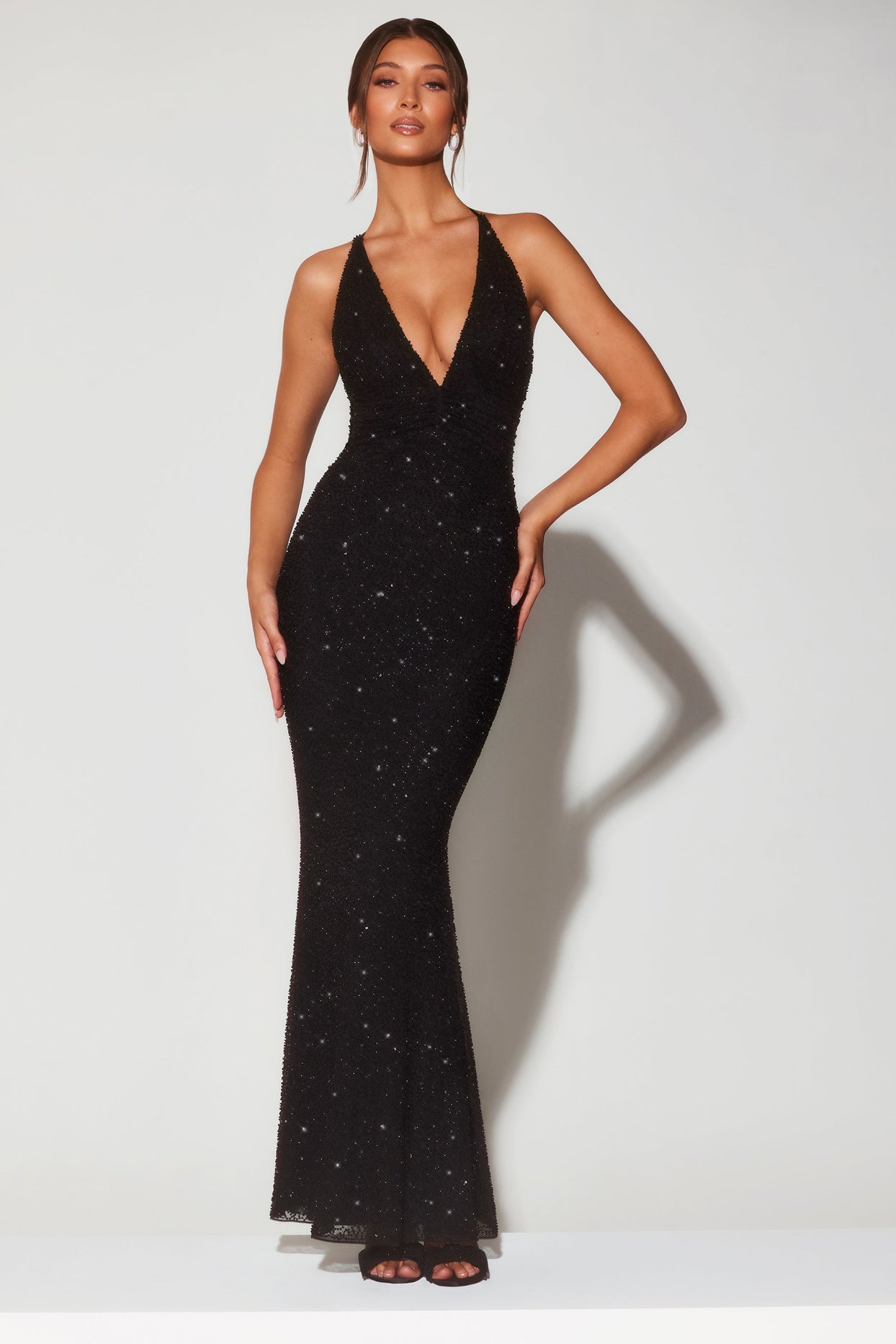 Verona Embellished Plunge Neck Halter Neck Evening Gown in Black | Oh Polly Verona Embellished Plunge Neck Halter Neck Evening Gown in Black | Oh Polly