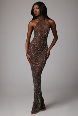 Sheer Embellished High Neck Evening Gown in Deep Cocoa