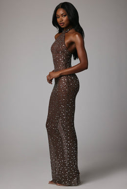 Sheer Embellished High Neck Evening Gown in Deep Cocoa