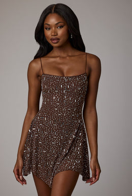 Sheer Embellished Scoop Neck Mini Dress in Deep Cocoa