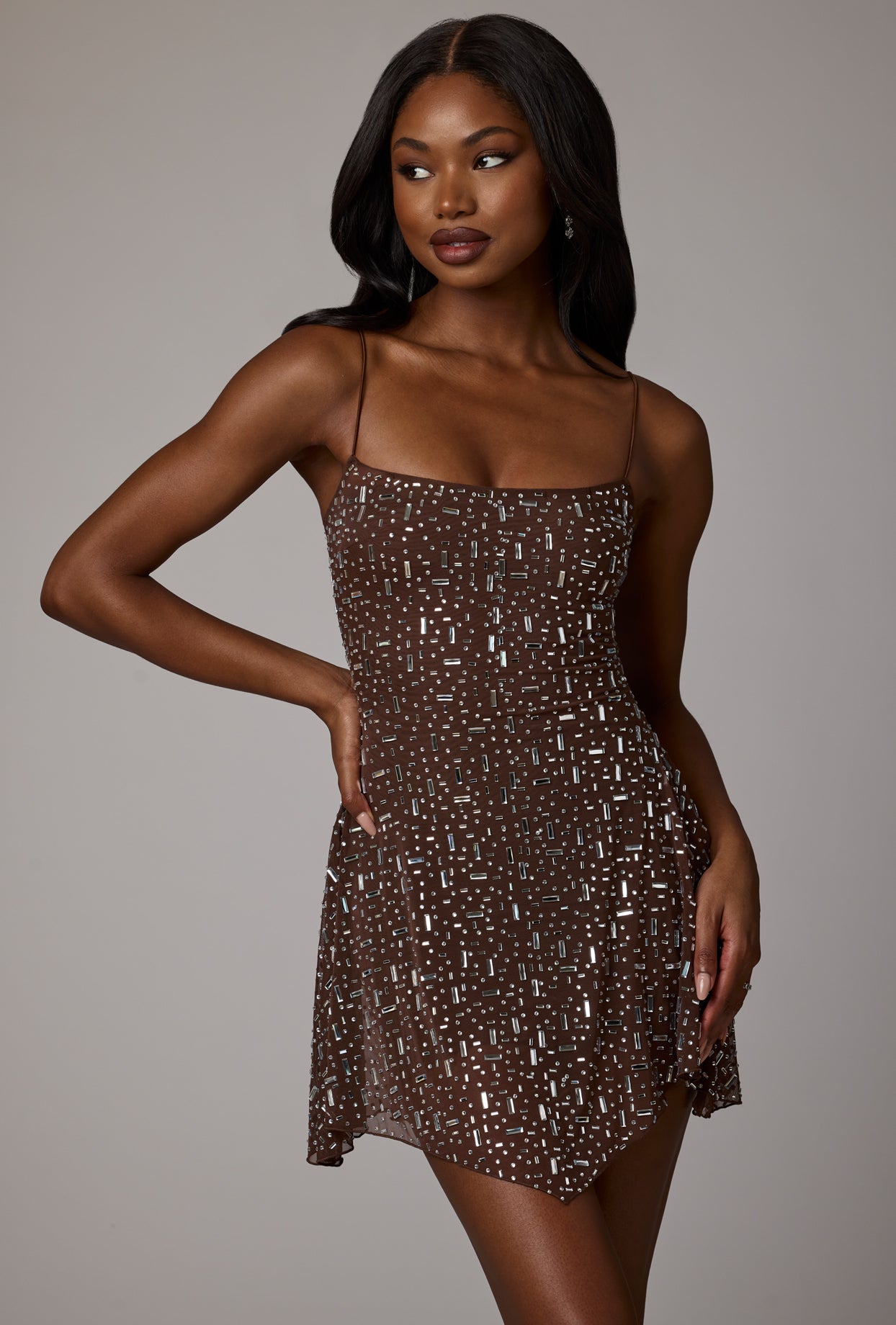 Sheer Embellished Scoop Neck Mini Dress in Deep Cocoa