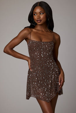 Sheer Embellished Scoop Neck Mini Dress in Deep Cocoa