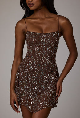 Sheer Embellished Scoop Neck Mini Dress in Deep Cocoa