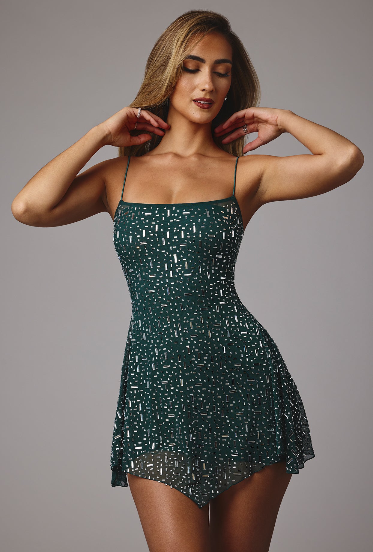 Sheer Embellished Scoop Neck Mini Dress in Emerald