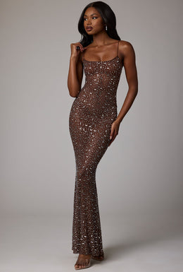 Sheer Embellished Scoop Neck Evening Gown in Deep Cocoa