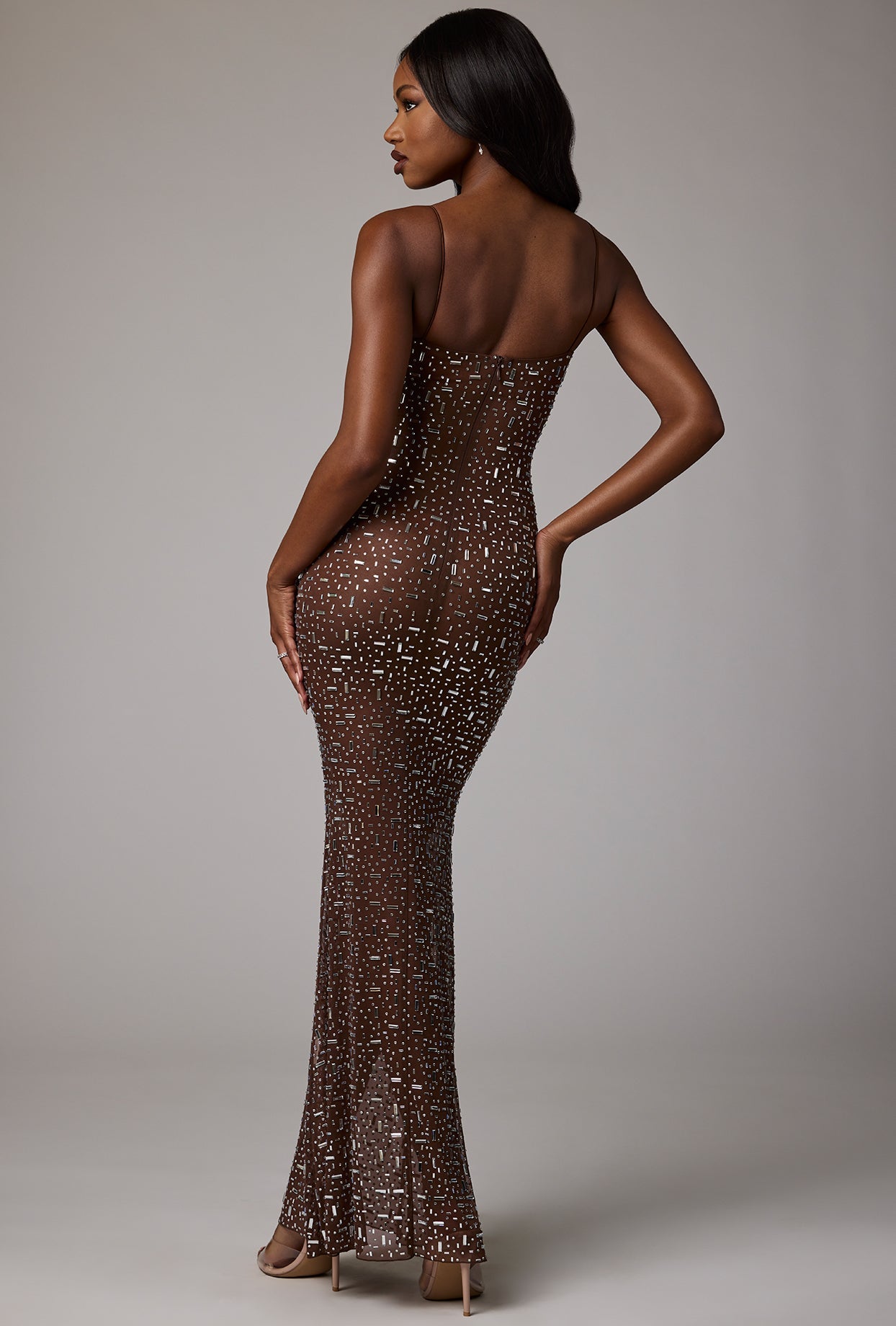 Sheer Embellished Scoop Neck Evening Gown in Deep Cocoa