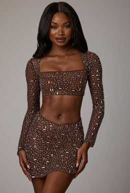 Sheer Embellished Long Sleeve Crop Top in Deep Cocoa