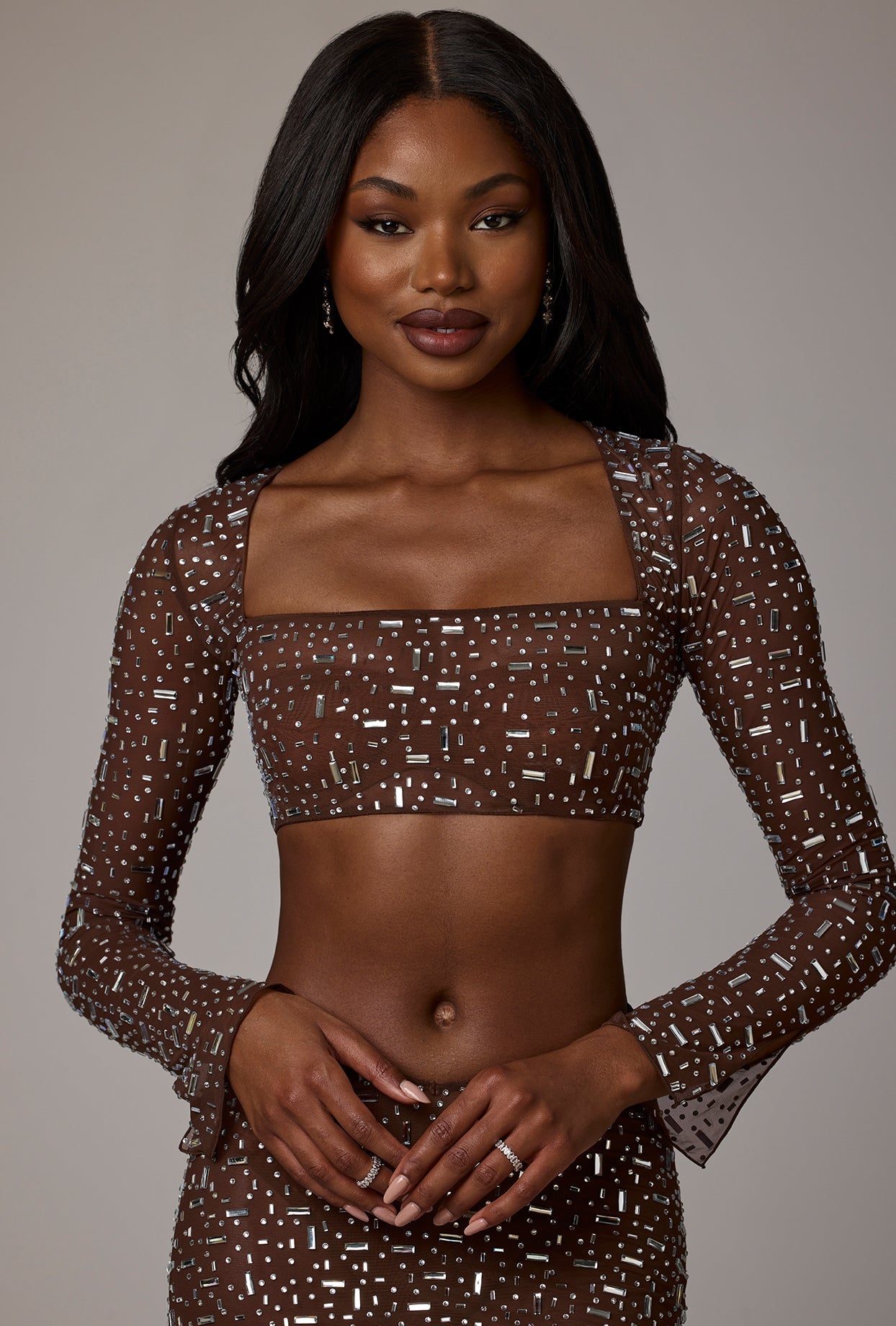 Sheer Embellished Long Sleeve Crop Top in Deep Cocoa