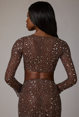 Sheer Embellished Long Sleeve Crop Top in Deep Cocoa