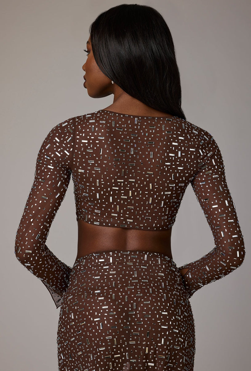 Sheer Embellished Long Sleeve Crop Top in Deep Cocoa - 2